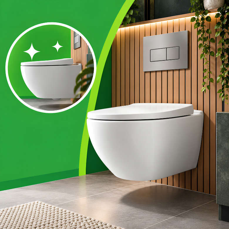 Modern wall hung toilet with a sleek floating design, concealed cistern and contemporary wood slat feature wall
