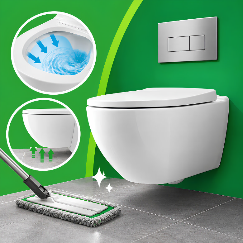 Wall hung toilet showing powerful flushing and easy floor cleaning beneath its raised, wall-mounted design