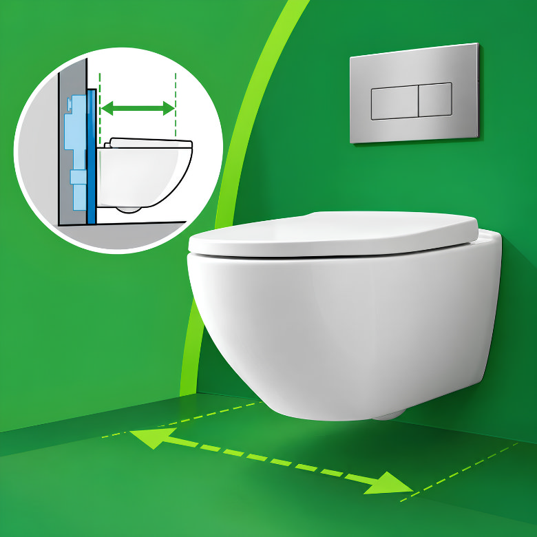 Wall hung toilet with concealed cistern illustrating its space-saving design and compact projection
