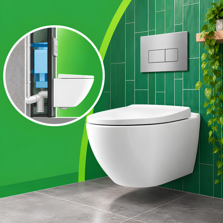 Wall hung toilet with concealed cistern and pipework hidden behind the bathroom wall