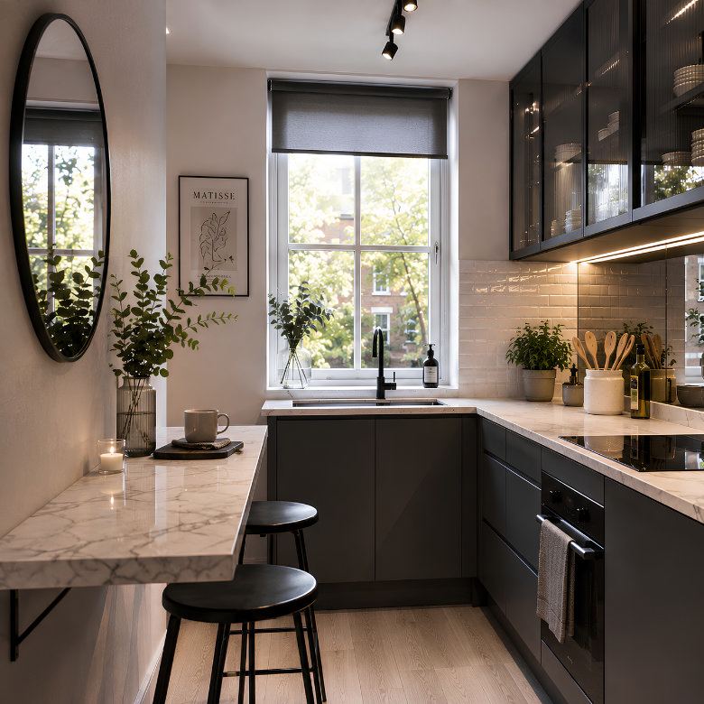Small dark kitchen with a wall mirror reflecting natural light to make the narrow space feel brighter and larger.