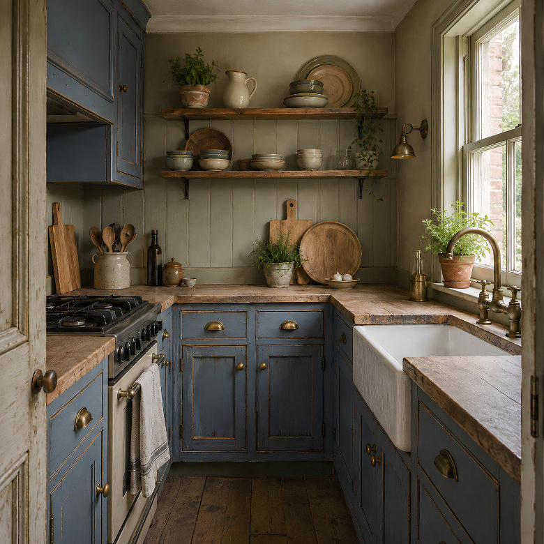 Small rustic kitchen with open wooden shelves, blue cabinets and vertical wall storage to maximise space.