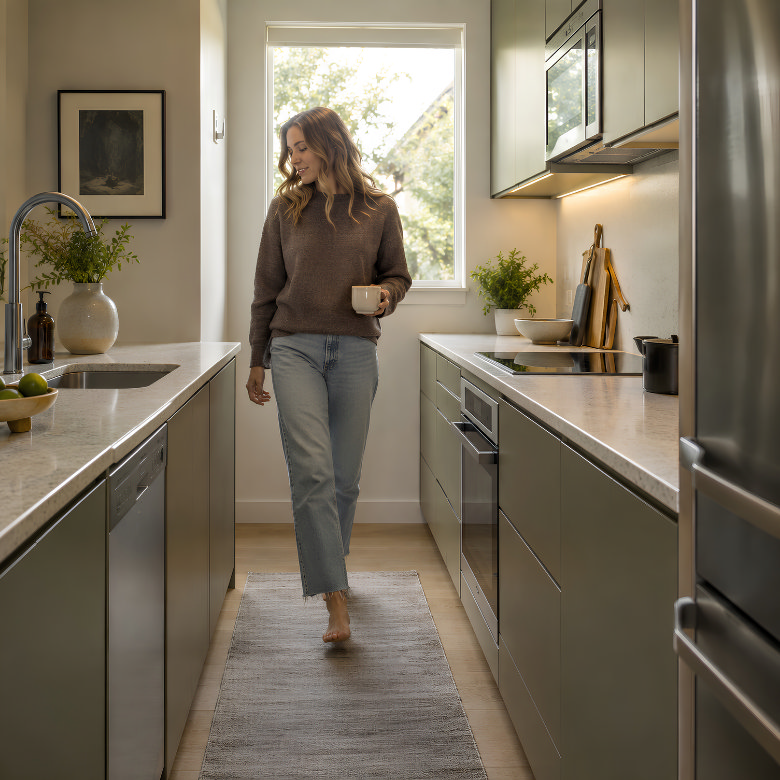Narrow galley kitchen with clear walkway between parallel worktops, integrated appliances and streamlined cabinets.