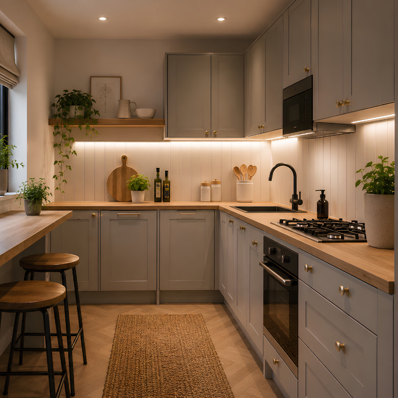 Small kitchen with under-cabinet lighting brightening the worktops and creating a more open, well-lit space.