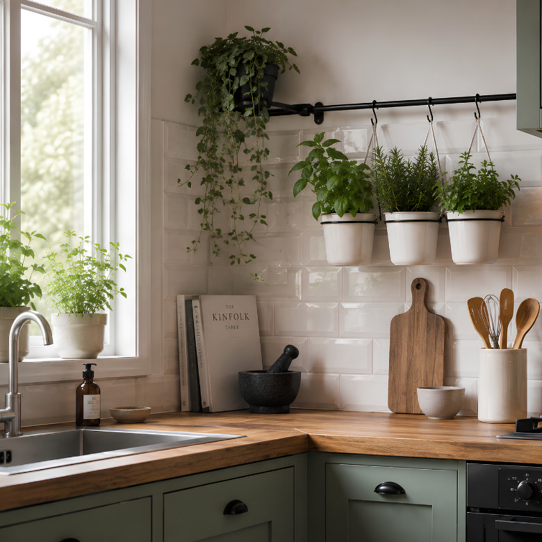 Small kitchen with hanging herb planters using wall space to add greenery without taking up valuable worktop space.