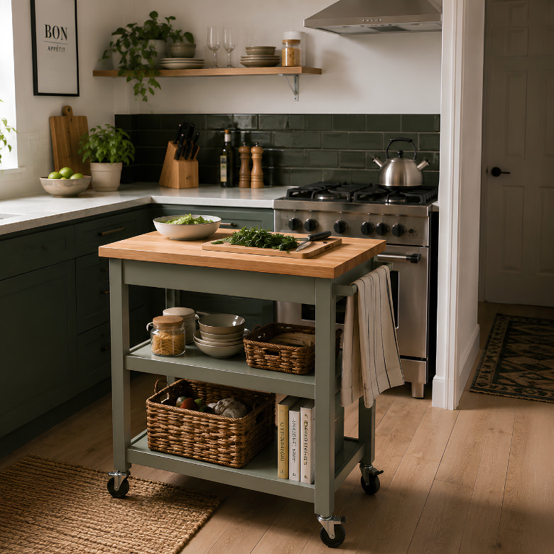 Small kitchen with a movable kitchen island on wheels providing extra worktop space and open storage.