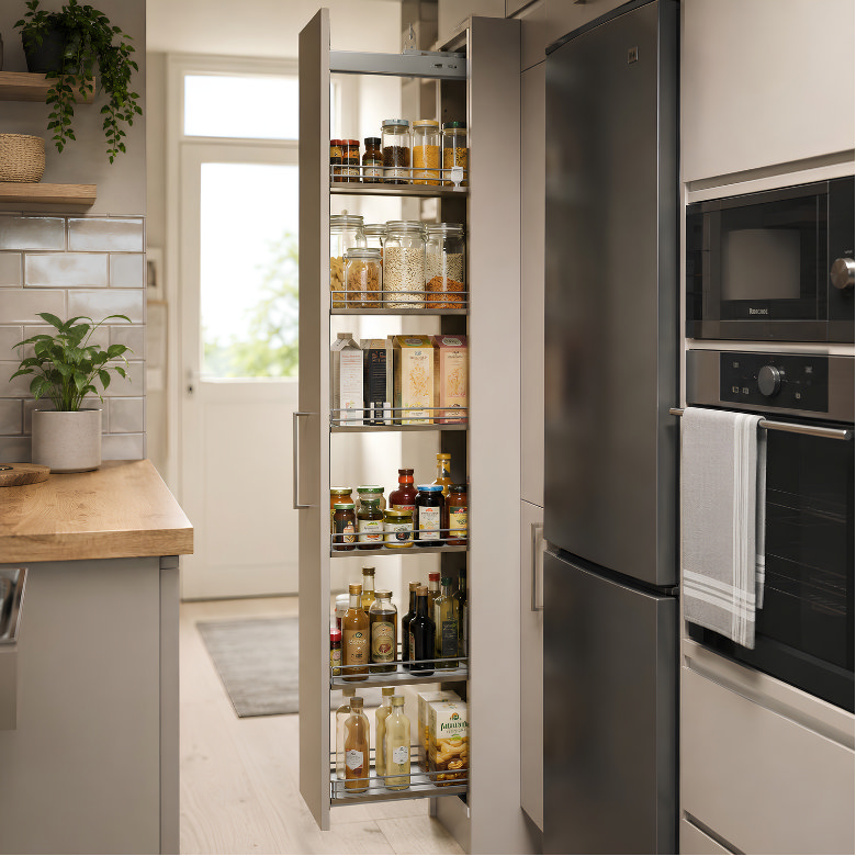 Small kitchen with tall pull-out pantry storage for organised food, jars, spices and bottles.
