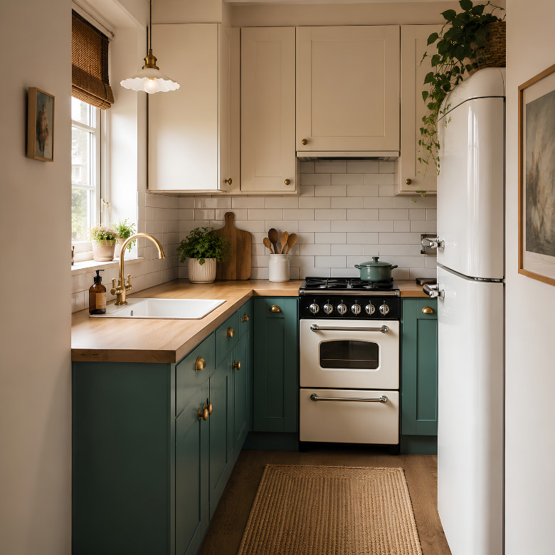 Small retro kitchen with green lower cabinets, cream wall units and vintage-style appliances creating a cohesive two-tone design.
