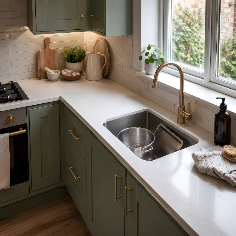 Small kitchen with green cabinets, corner worktop, undermount sink and space-saving single bowl design.