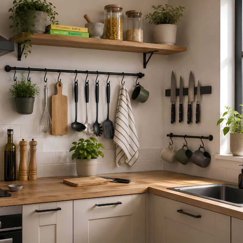 Small kitchen with wall-mounted open shelving and hanging rails for space-saving utensil, mug and cookware storage.