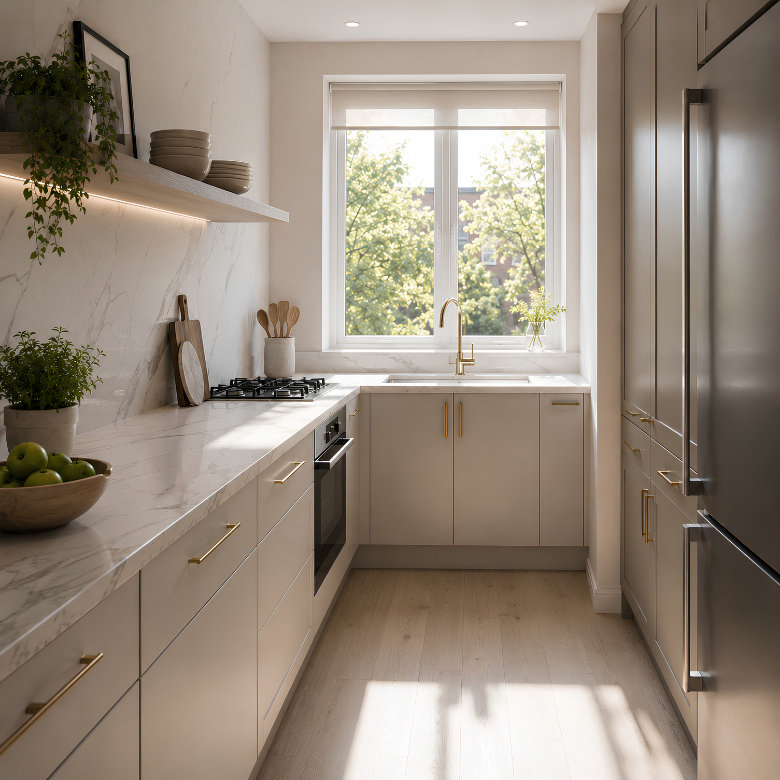 Small kitchen with a large window and light-reflective surfaces using natural daylight to make the space feel brighter and more open.