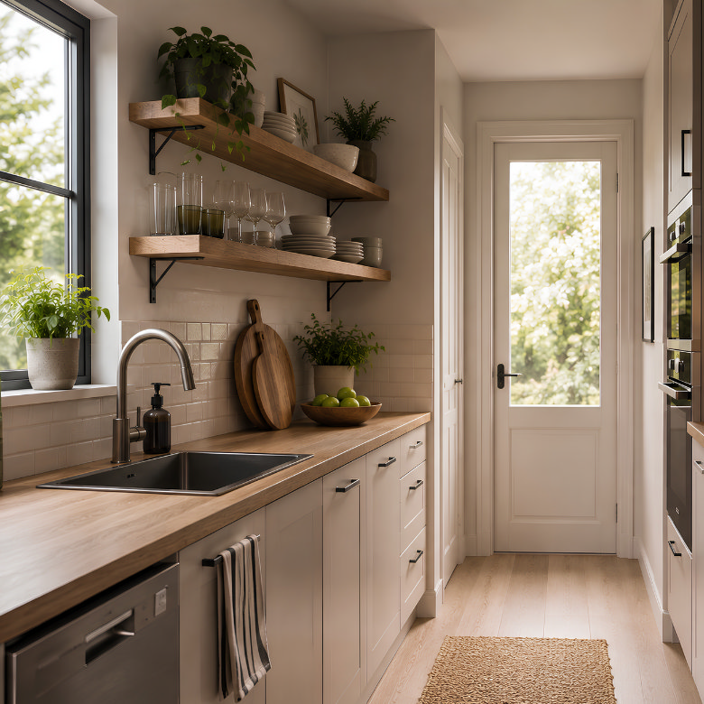 Small galley kitchen with open wall shelves providing space-saving storage for glassware, crockery and plants.