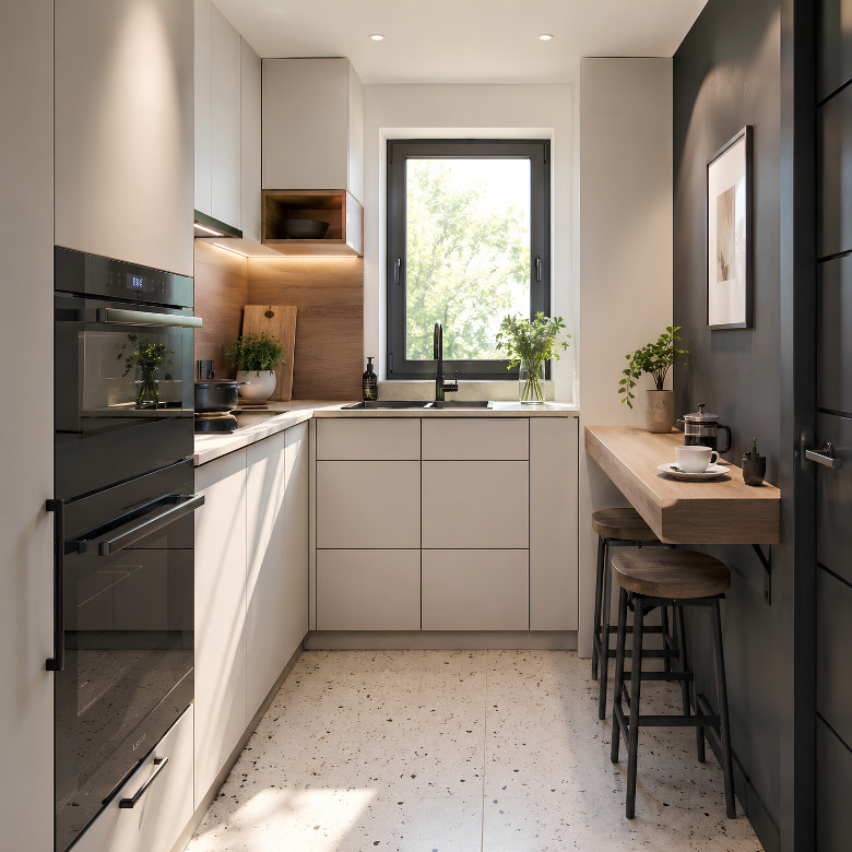 Small kitchen with a wall-mounted breakfast bar and stools creating a space-saving dining area.