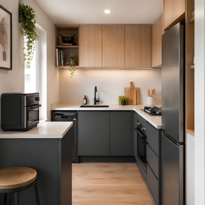 Small kitchen with compact appliances, integrated dishwasher, tall fridge freezer and space-saving storage.