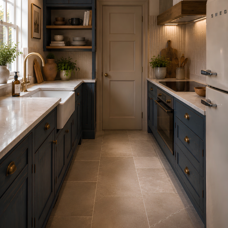 Small galley kitchen with large beige stone-effect floor tiles creating a continuous, spacious look.