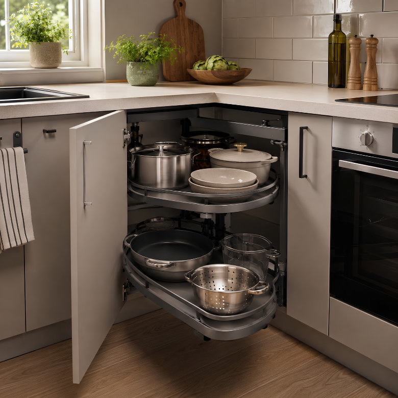 Small kitchen corner cabinet with pull-out carousel storage for pots, pans and cookware.