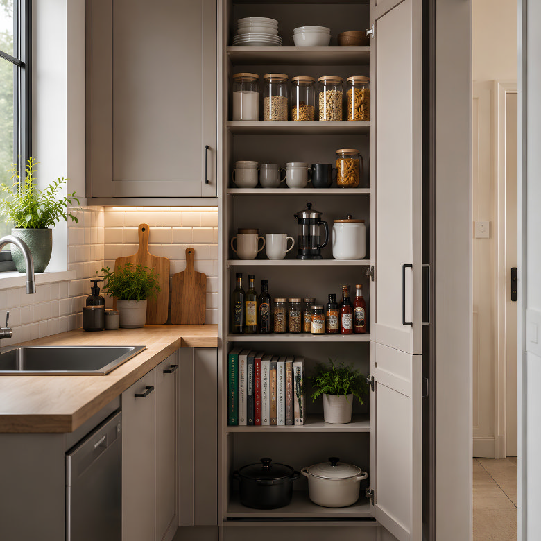 Tall kitchen cabinet with open shelving used for vertical storage of food, cookware and everyday essentials.