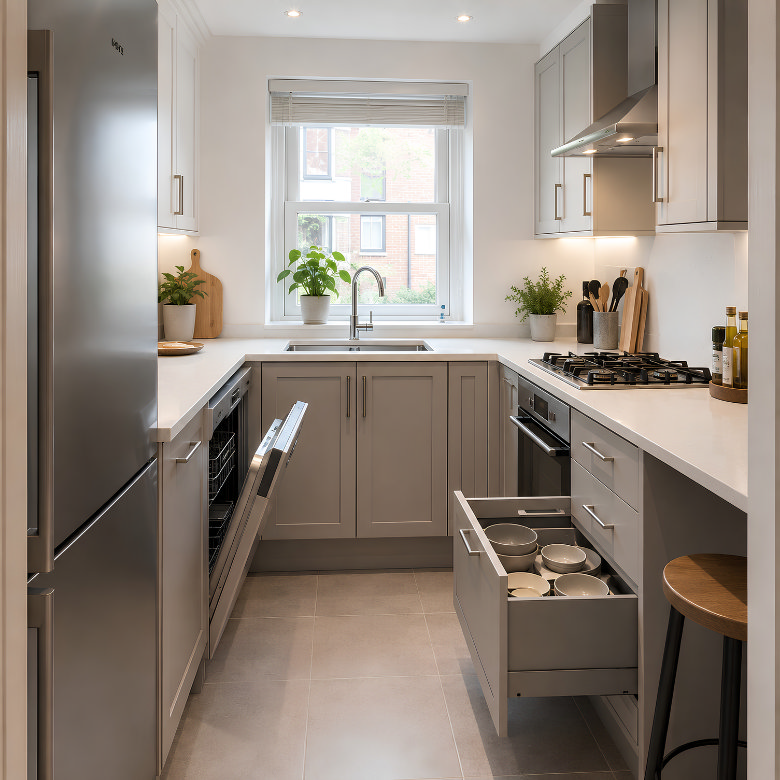 Small kitchen with practical work triangle, deep storage drawers, dishwasher, fridge, sink and hob.