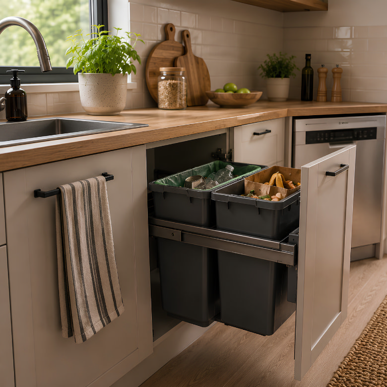 Small kitchen with pull-out recycling bins hidden inside a base cabinet to save floor space and keep waste organised.