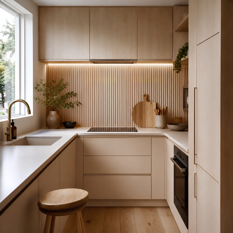 Small kitchen with light wood cabinets and a vertical slatted splashback adding texture without overwhelming the compact space.
