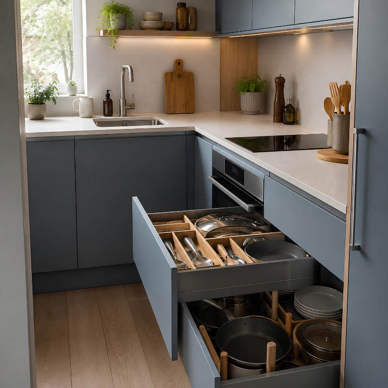 Small kitchen with deep pull-out drawers for organised cookware, pans, plates and cutlery storage.