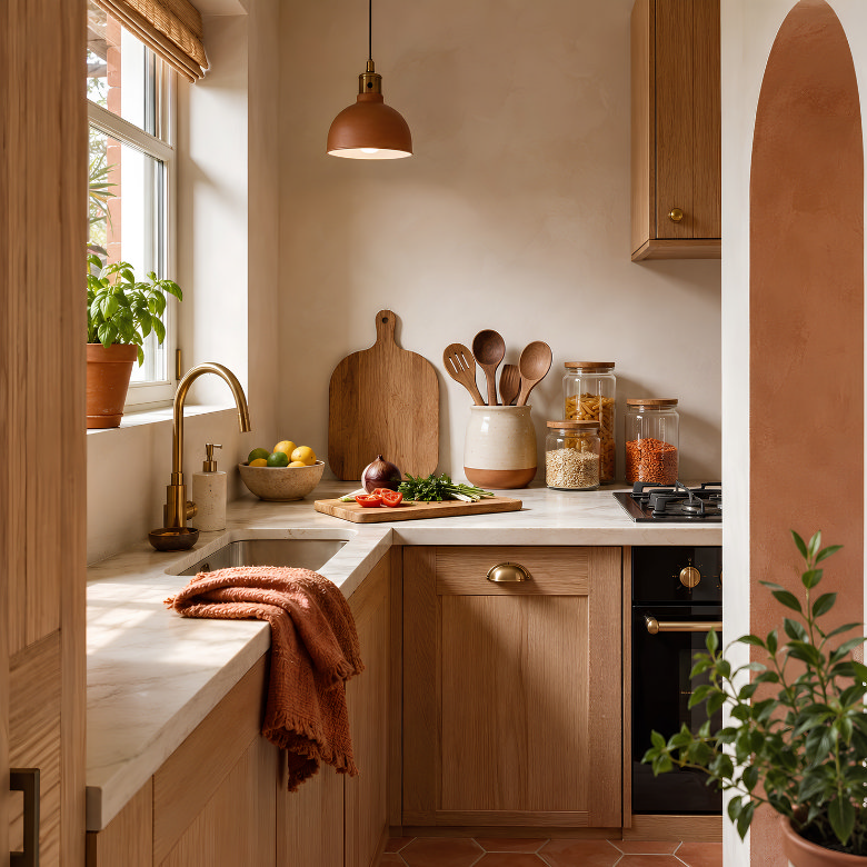 Small kitchen with warm terracotta floor tiles adding colour and character to a compact neutral space.