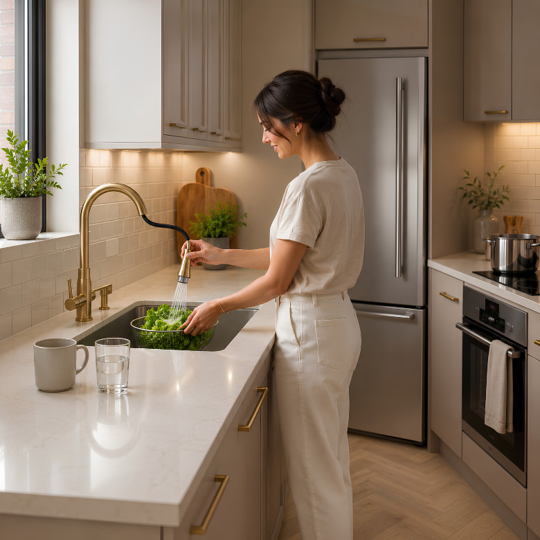Small kitchen with pull-out spray tap for rinsing food in a compact undermount sink.