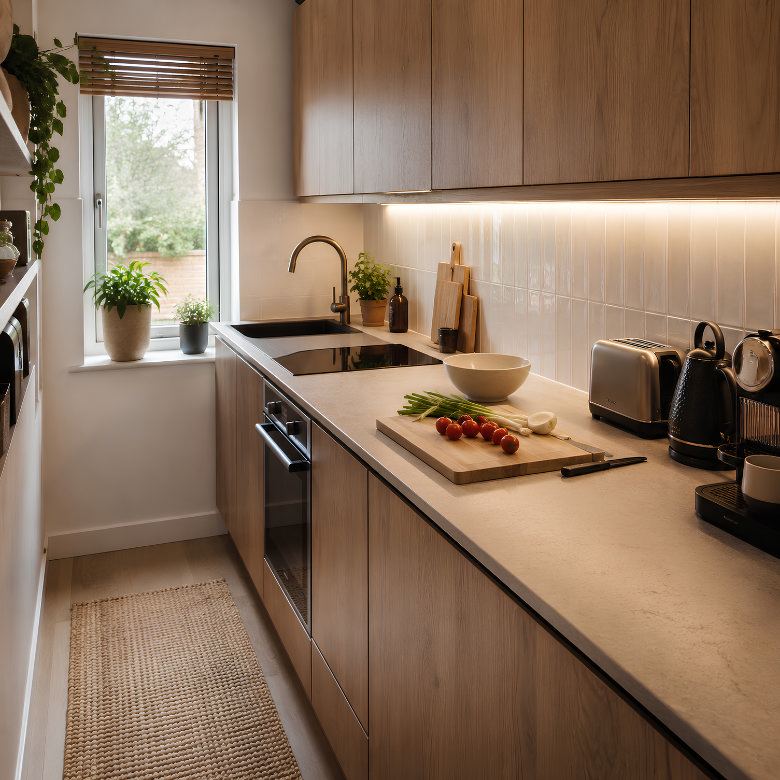 Small kitchen with a clear preparation worktop, wooden cabinets, sink, hob and compact appliances.