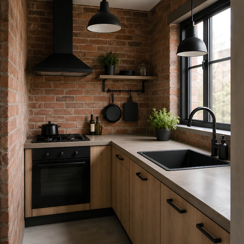 Small industrial kitchen with exposed brick walls, wood cabinets and black fixtures creating a warm, characterful design.