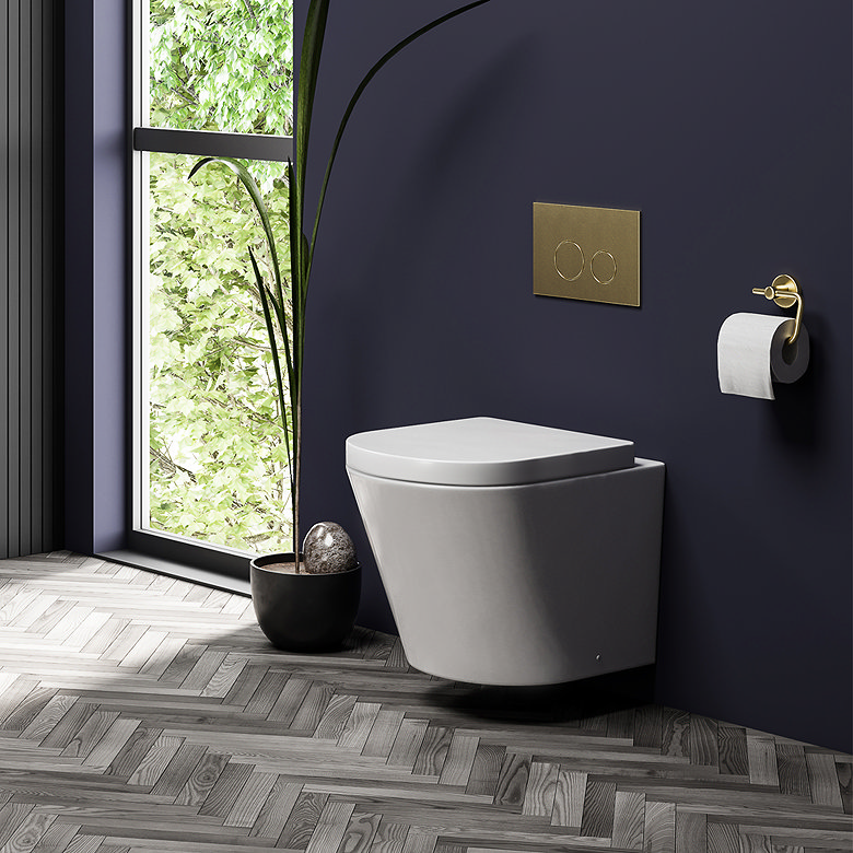compact wall hung modern rimless toilet in bathroom