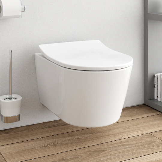 modern wall hung rimless toilet in stylish bathroom