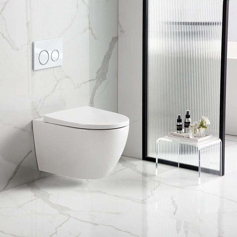 modern rimless wall hung toilet in luxury bathroom