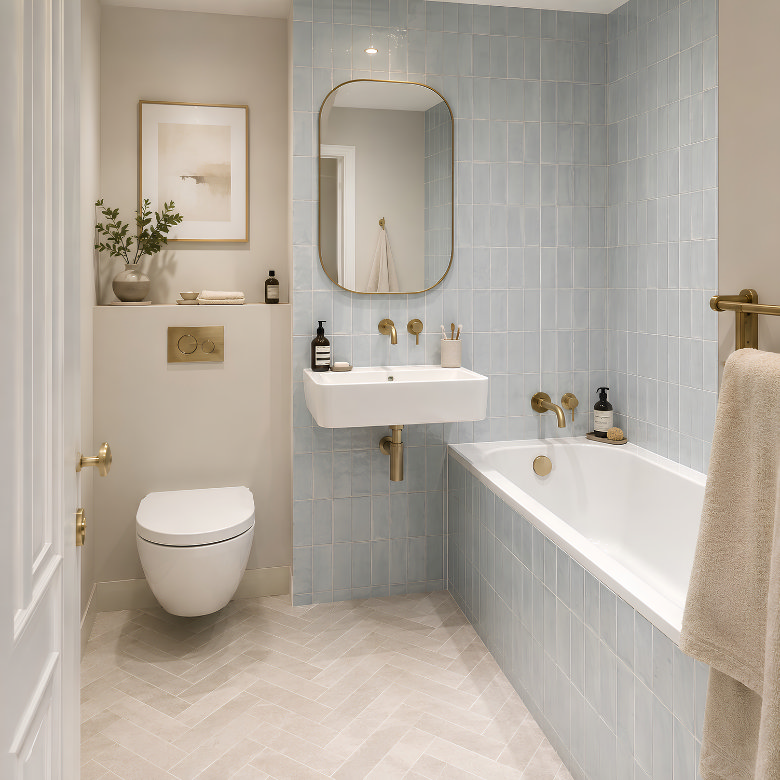 Small blue bathroom with tiled bath, wall-hung toilet, compact basin and brushed brass fittings.