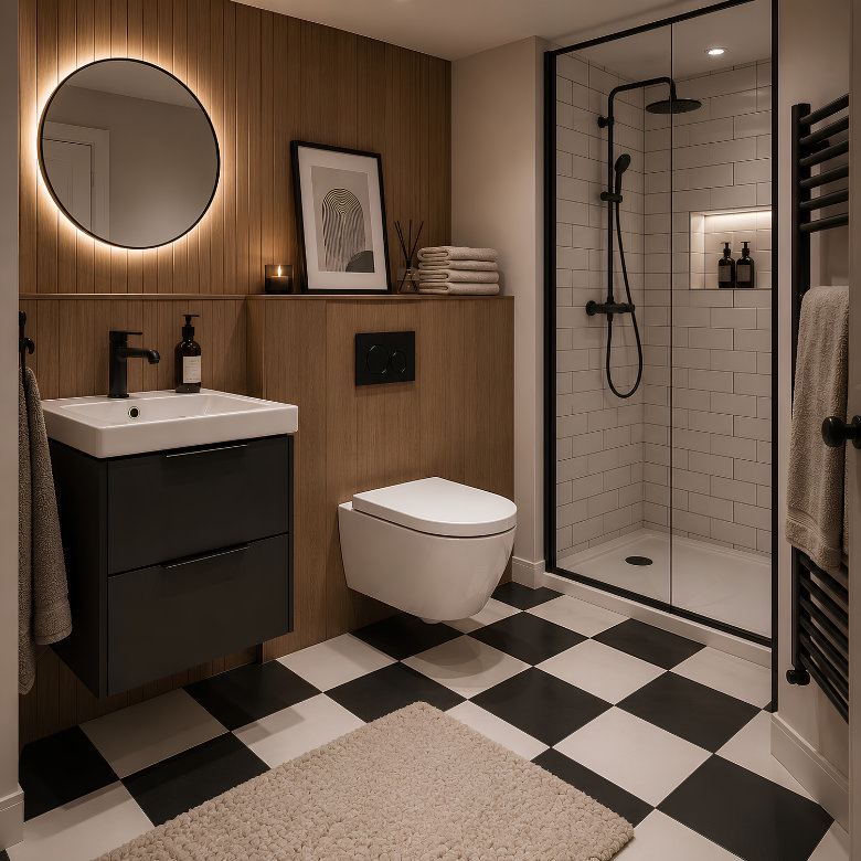 Small bathroom with walk-in shower, wall-hung toilet, black vanity and black and white floor tiles.