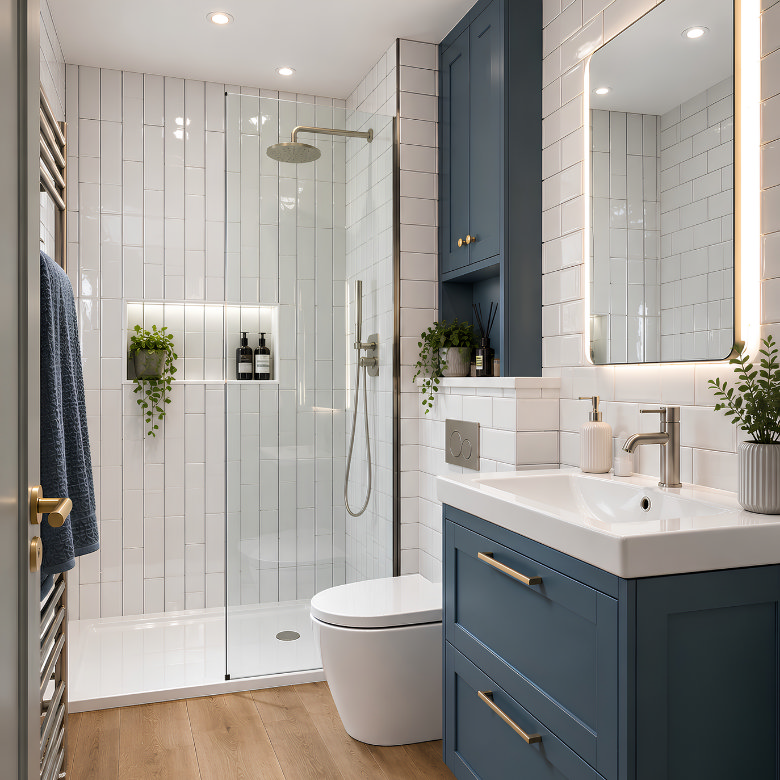 Small bathroom with walk-in shower, navy blue vanity unit, tall storage cabinet and illuminated mirror.