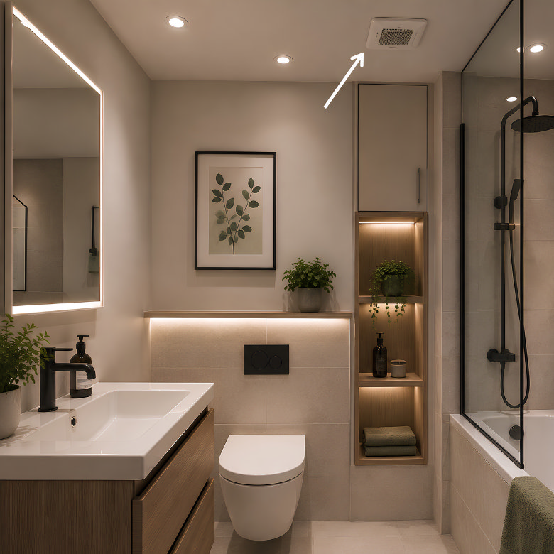 Small bathroom with ceiling extractor fan, wall-hung toilet, wooden vanity unit and shower bath.