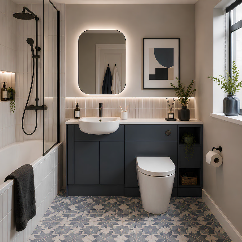 Small bathroom with shower bath, fitted vanity storage, compact toilet and patterned floor tiles.
