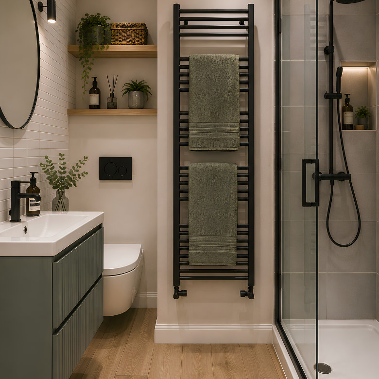 Small bathroom with black heated towel rail, sage green vanity unit, walk-in shower and space-saving wall-hung toilet.