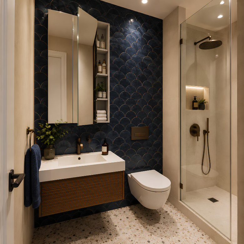 Small bathroom with walk-in shower, wall-hung toilet, vanity unit and dark blue feature tiles.