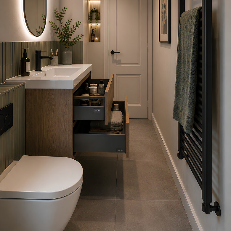 Small bathroom with wall-hung vanity, open storage drawers, compact toilet and heated towel rail.