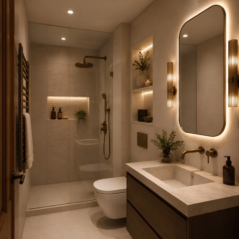 Small bathroom with walk-in shower, illuminated mirror, wall-hung toilet and warm layered bathroom lighting.