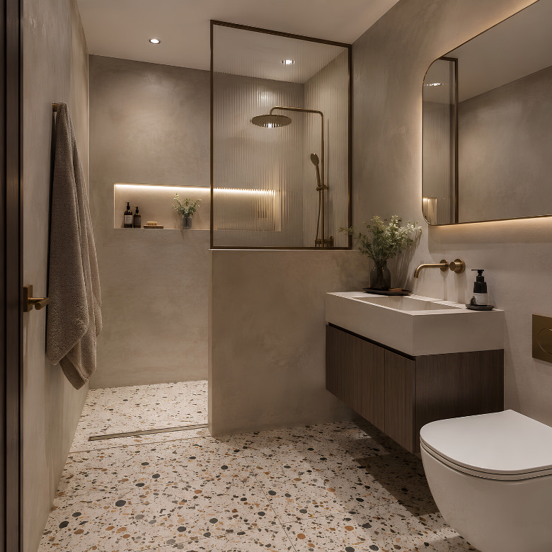 Small bathroom with walk-in shower, wall-hung vanity and toilet, terrazzo floor and brushed brass fittings.