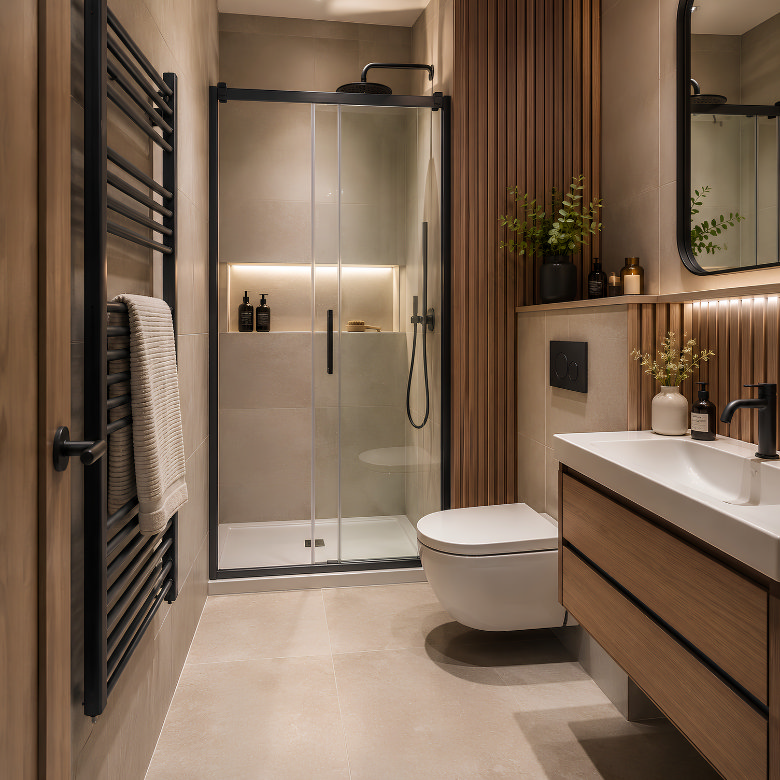 Small bathroom with sliding shower doors, wall-hung toilet, wooden vanity and black fittings.