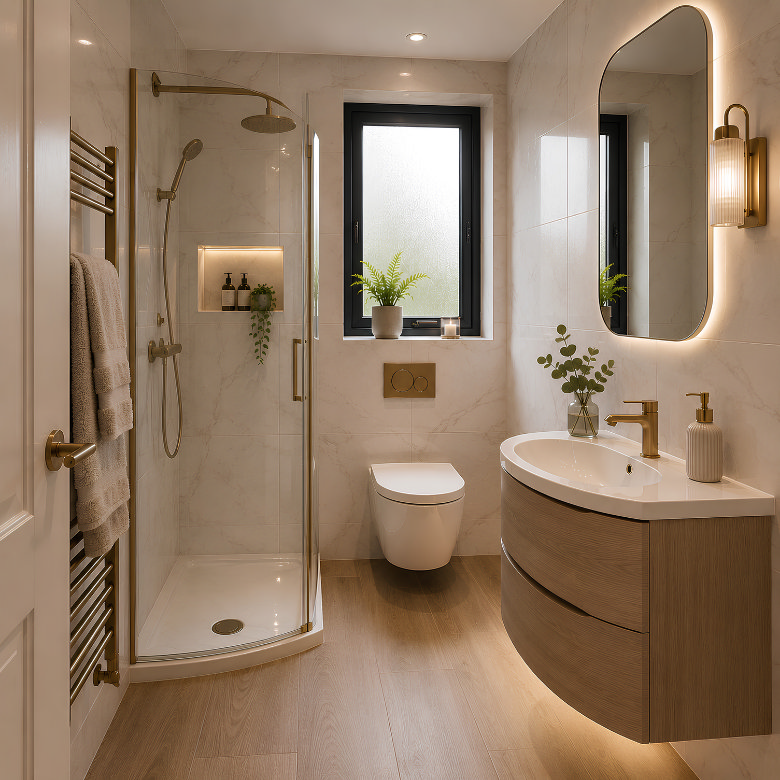 Small bathroom with corner shower, wall-hung toilet, curved vanity and brushed brass fittings.