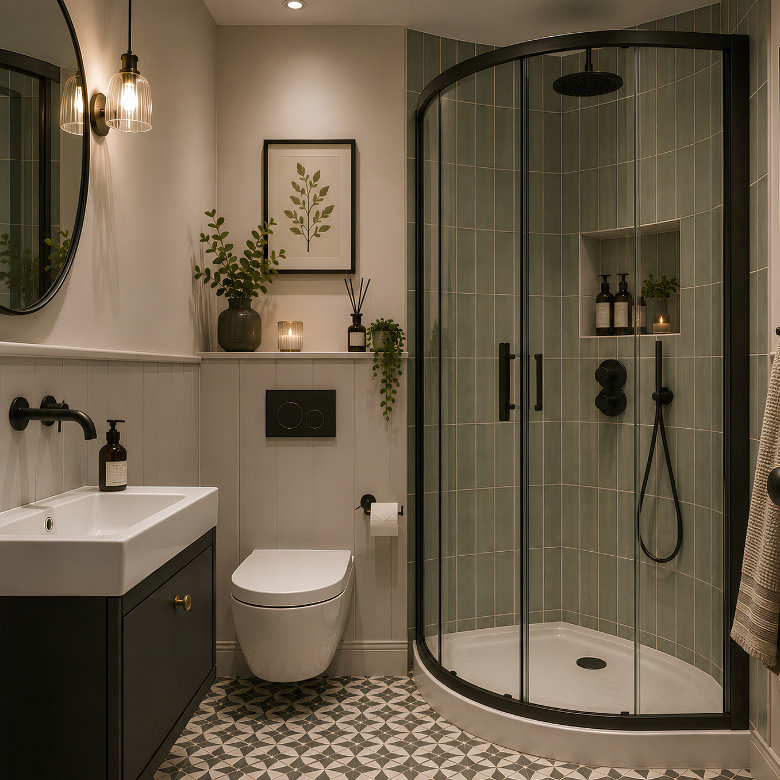 Small bathroom with curved corner shower, wall-hung toilet, compact vanity and green tiles.