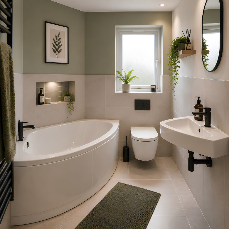 Small bathroom with corner bath, wall-hung toilet, wall-mounted basin and sage green decor.