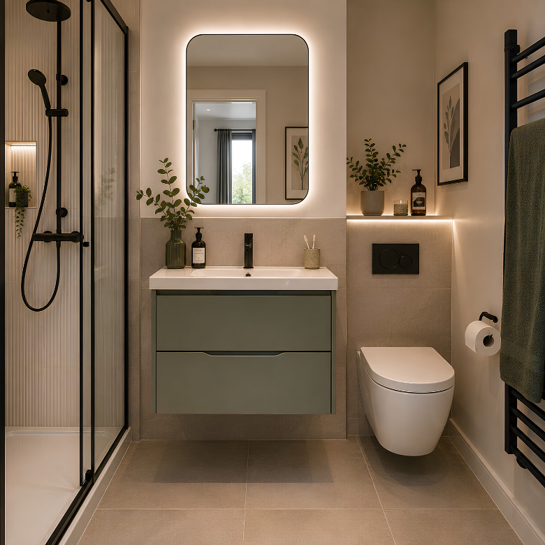 Small bathroom with walk-in shower, sage green vanity, wall-hung toilet and illuminated mirror.