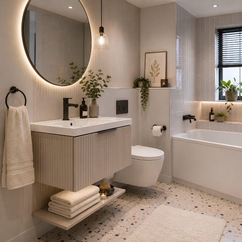 Small bathroom with wall-hung vanity, compact toilet, bath, illuminated mirror and open towel storage.