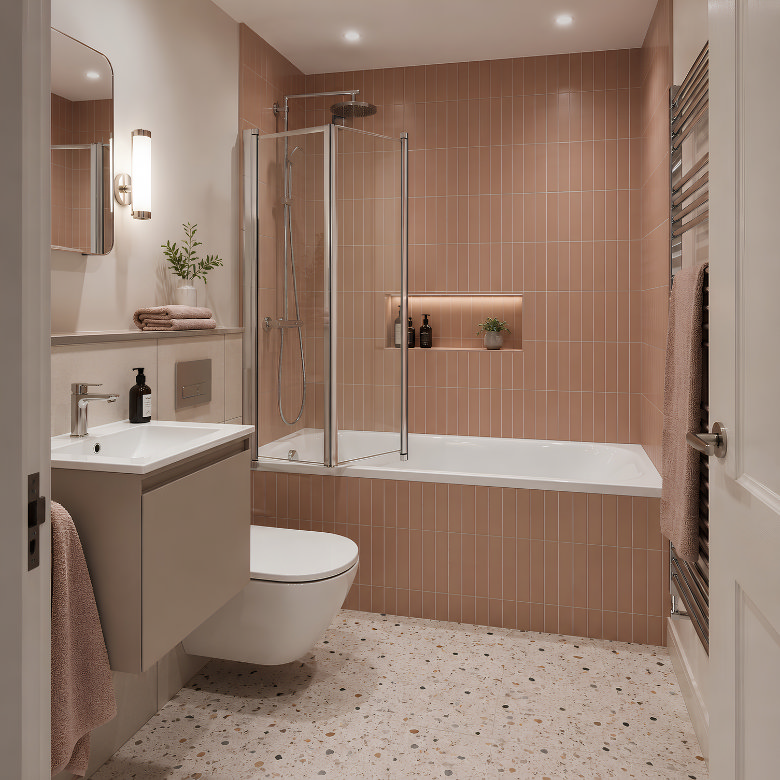 Small pink bathroom with shower bath, wall-hung toilet, compact vanity and terrazzo floor tiles.