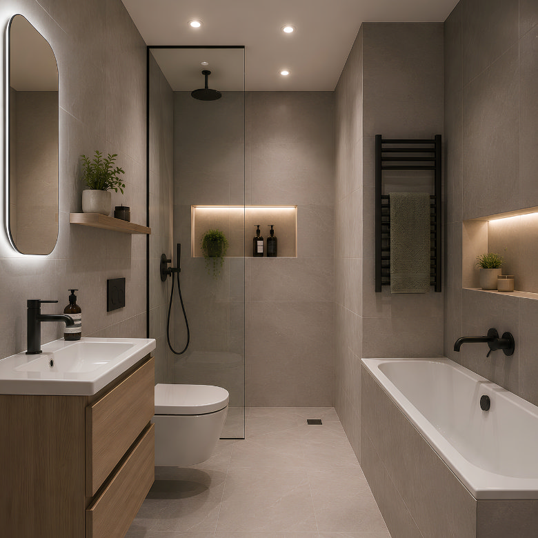 Small bathroom with walk-in shower, fitted bath, wall-hung toilet, wooden vanity unit and recessed storage niches.